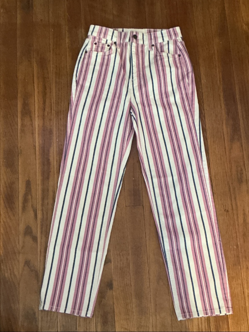 Boden Pink and White Vertical Stripe Straight-Leg Jeans 97% cotton